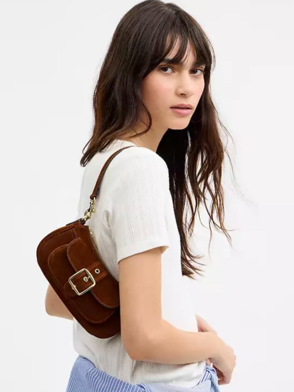 COACH ashton mini shoulder bag. suede/gold /warm brown. item # cfa50. - Picture 8 of 16